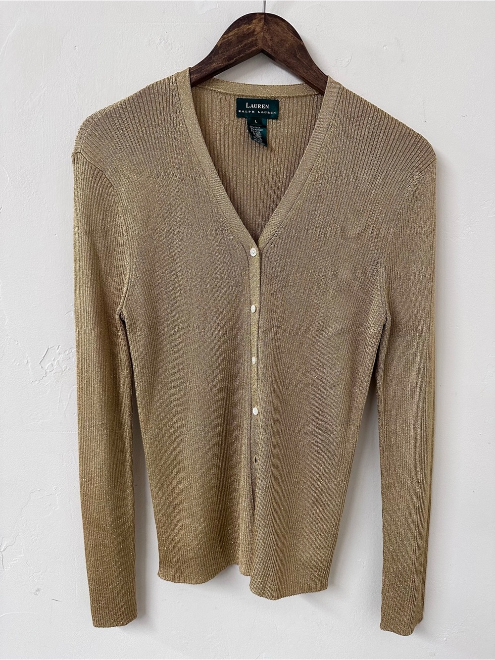 Lauren Ralph Lauren Women's gold metallic Ribbed V-Neck Button Cardigan